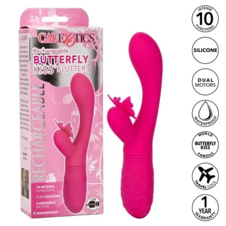 Masseur papillon rechargeable CalExotics Kiss Flutter rose silicone, vue de face ailes déployées
