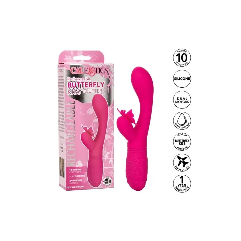 Masseur papillon rechargeable CalExotics Kiss Flutter rose silicone, vue de face ailes déployées
