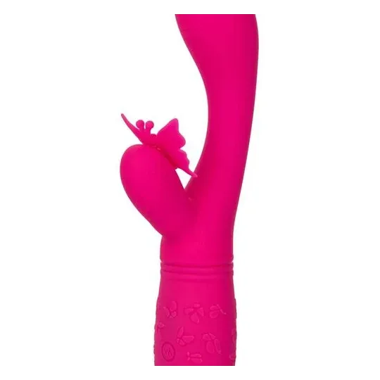Masseur papillon rechargeable CalExotics Kiss Flutter rose silicone, vue de face ailes déployées