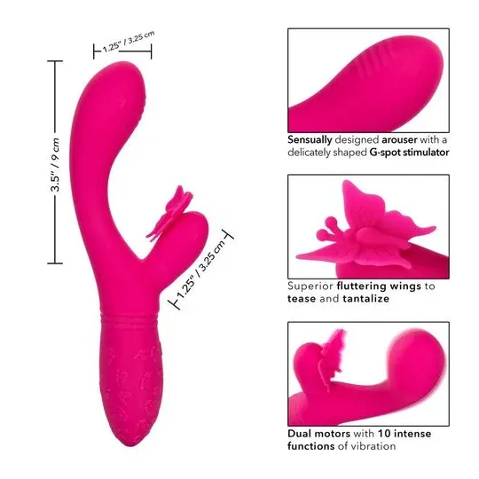 Masseur papillon rechargeable CalExotics Kiss Flutter rose silicone, vue de face ailes déployées