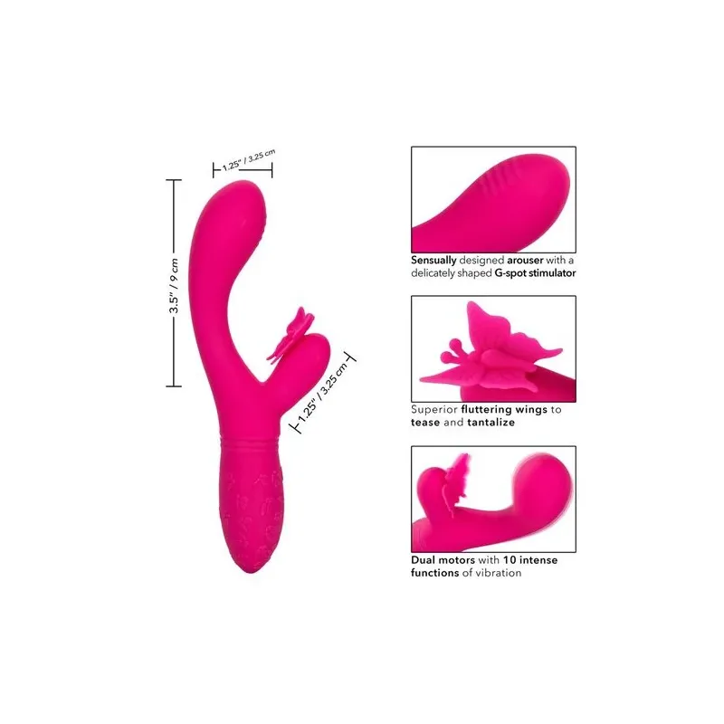 Masseur papillon rechargeable CalExotics Kiss Flutter rose silicone, vue de face ailes déployées
