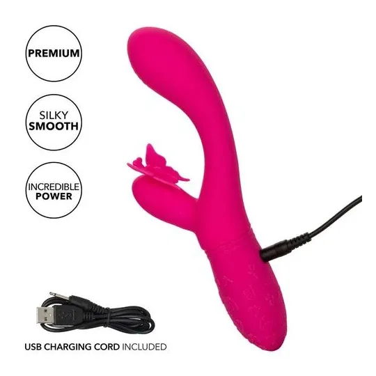 Masseur papillon rechargeable CalExotics Kiss Flutter rose silicone, vue de face ailes déployées