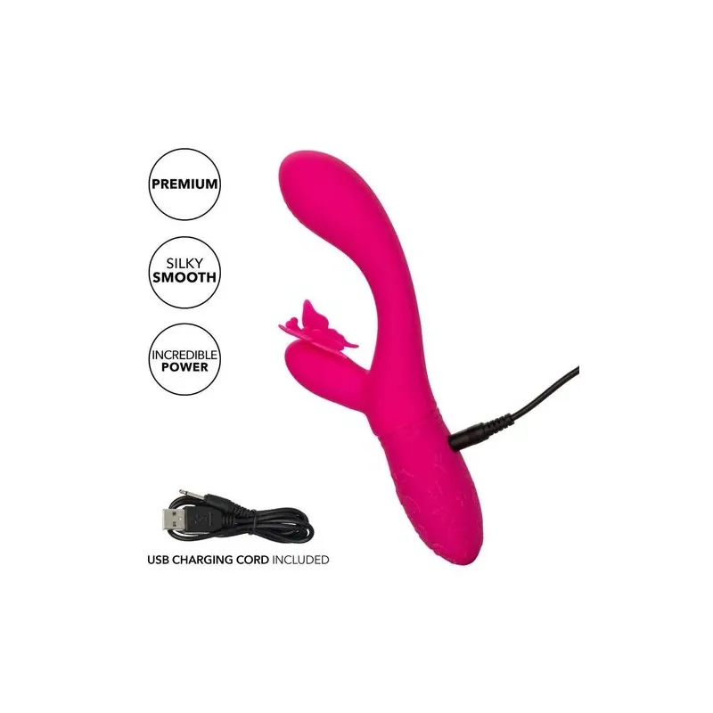 Masseur papillon rechargeable CalExotics Kiss Flutter rose silicone, vue de face ailes déployées