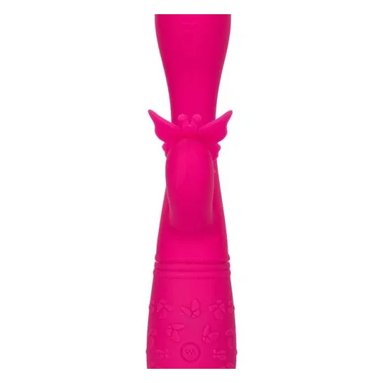 Masseur papillon rechargeable CalExotics Kiss Flutter rose silicone, vue de face ailes déployées