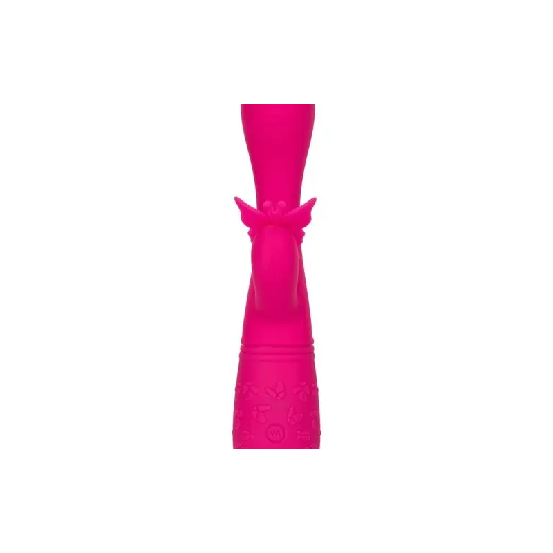 Masseur papillon rechargeable CalExotics Kiss Flutter rose silicone, vue de face ailes déployées
