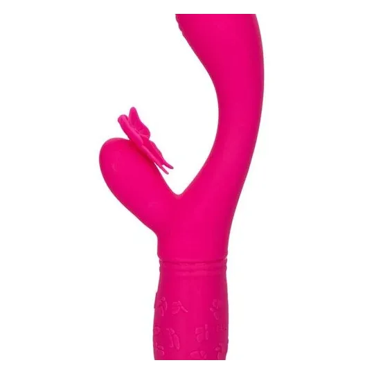 Masseur papillon rechargeable CalExotics Kiss Flutter rose silicone, vue de face ailes déployées