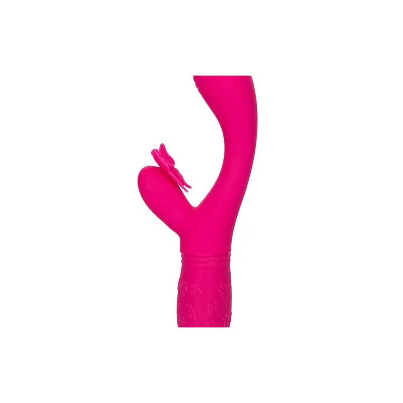 Masseur papillon rechargeable CalExotics Kiss Flutter rose silicone, vue de face ailes déployées