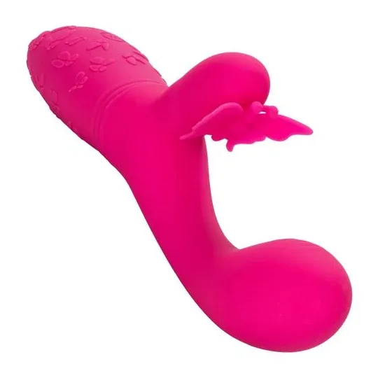 Masseur papillon rechargeable CalExotics Kiss Flutter rose silicone, vue de face ailes déployées