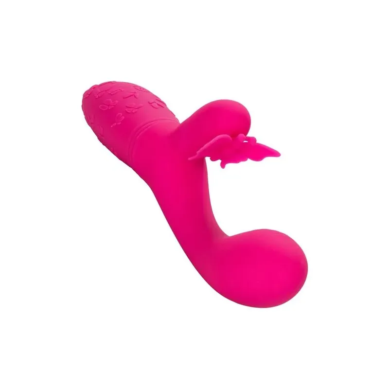 Masseur papillon rechargeable CalExotics Kiss Flutter rose silicone, vue de face ailes déployées