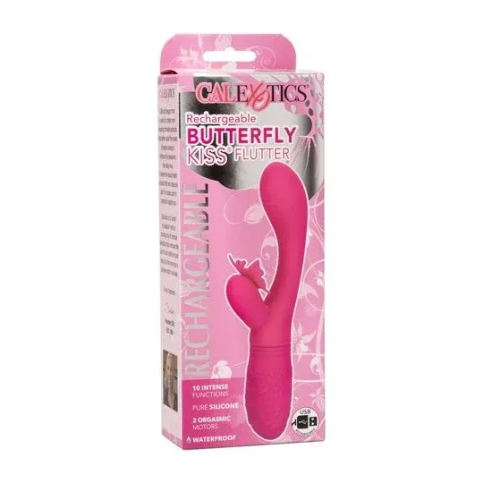 Masseur papillon rechargeable CalExotics Kiss Flutter rose silicone, vue de face ailes déployées