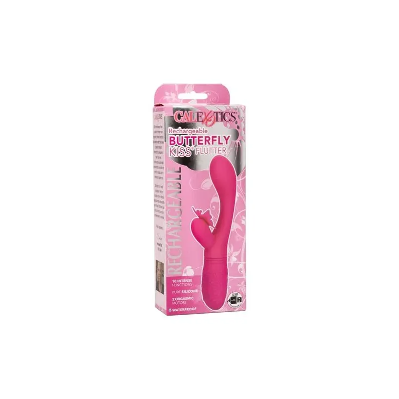 Masseur papillon rechargeable CalExotics Kiss Flutter rose silicone, vue de face ailes déployées