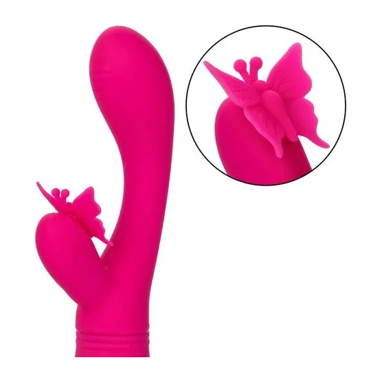 Masseur papillon rechargeable CalExotics Kiss Flutter rose silicone, vue de face ailes déployées