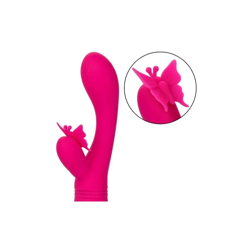 Masseur papillon rechargeable CalExotics Kiss Flutter rose silicone, vue de face ailes déployées
