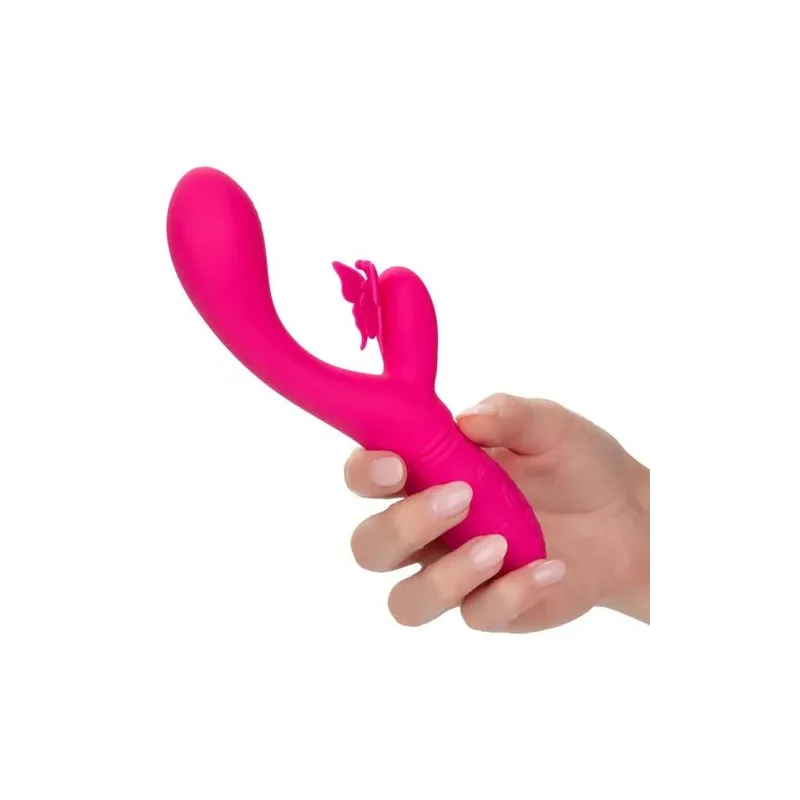 Masseur papillon rechargeable CalExotics Kiss Flutter rose silicone, vue de face ailes déployées