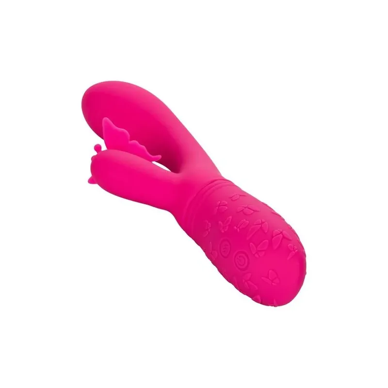 Masseur papillon rechargeable CalExotics Kiss Flutter rose silicone, vue de face ailes déployées