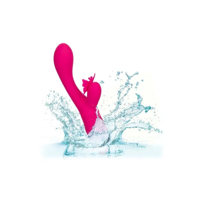 Masseur papillon rechargeable CalExotics Kiss Flutter rose silicone, vue de face ailes déployées
