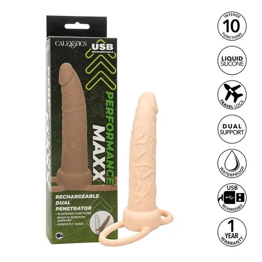Double pénétrateur vibrant CalExotics couleur chair, rechargeable USB, avec anneau scrotal intégré et 10 modes de vibration