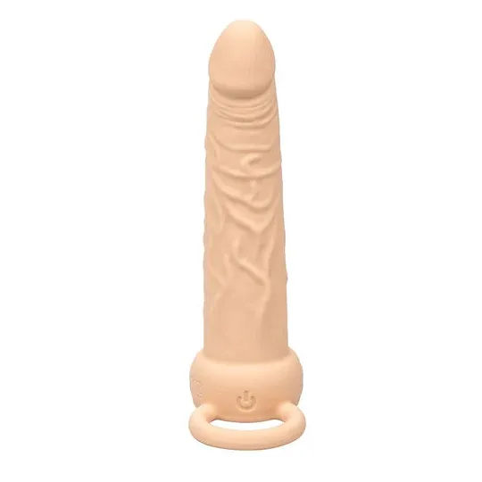 Double pénétrateur vibrant CalExotics couleur chair, rechargeable USB, avec anneau scrotal intégré et 10 modes de vibration