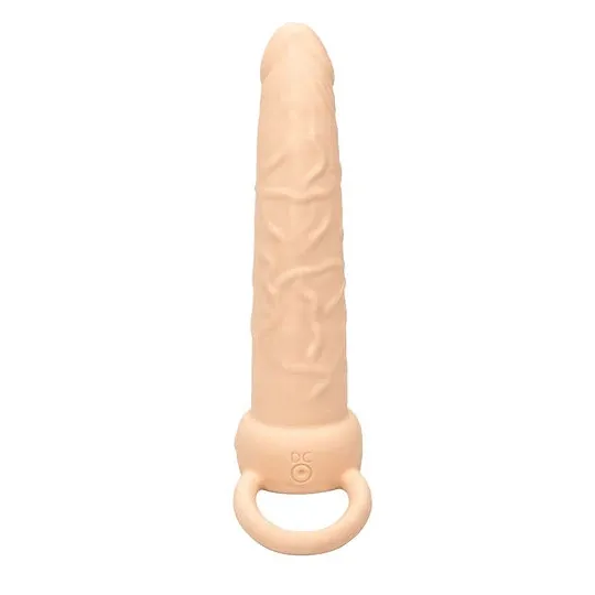 Double pénétrateur vibrant CalExotics couleur chair, rechargeable USB, avec anneau scrotal intégré et 10 modes de vibration