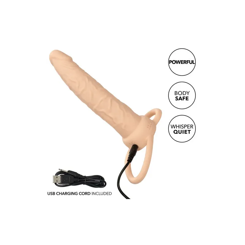 Double pénétrateur vibrant CalExotics couleur chair, rechargeable USB, avec anneau scrotal intégré et 10 modes de vibration