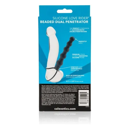 Double pénétrateur perlé noir CalExotics Love Rider en silicone avec perles graduées pour double pénétration