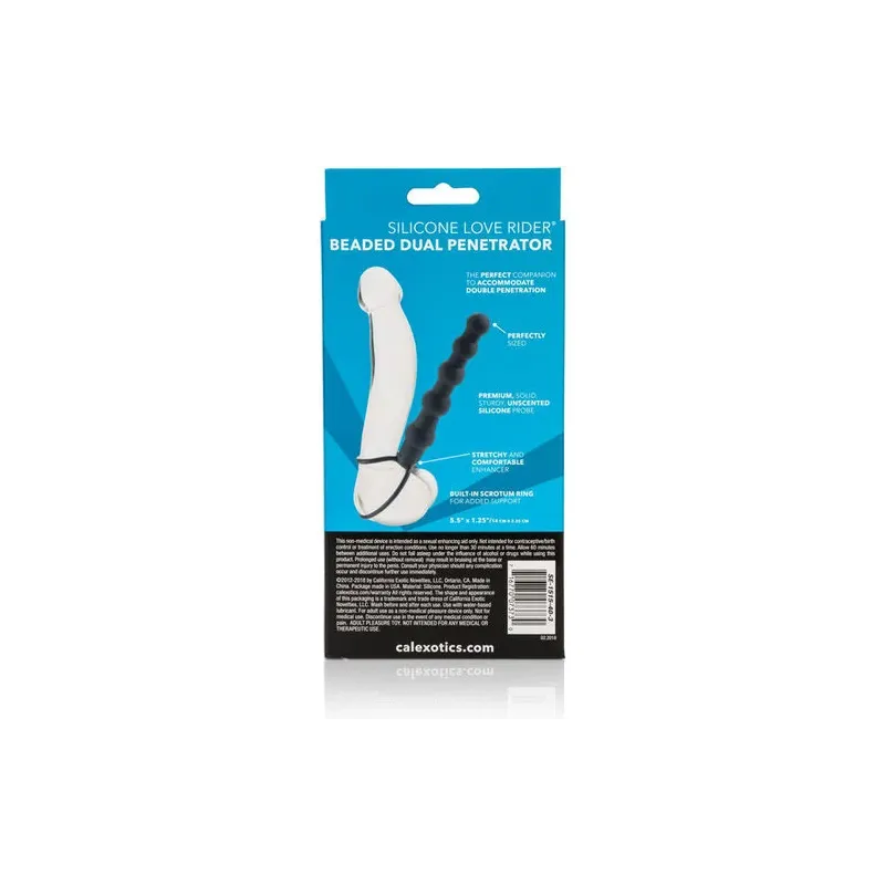 Double pénétrateur perlé noir CalExotics Love Rider en silicone avec perles graduées pour double pénétration