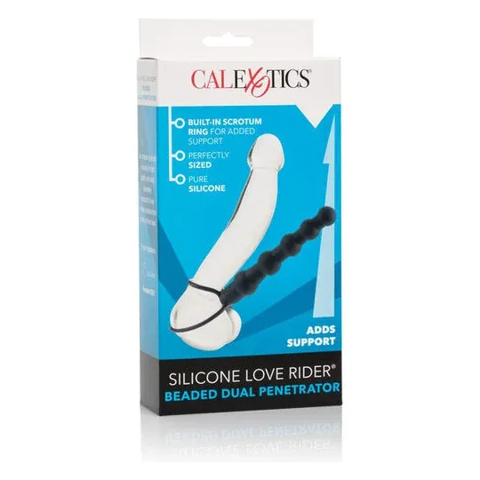 Double pénétrateur perlé noir CalExotics Love Rider en silicone avec perles graduées pour double pénétration