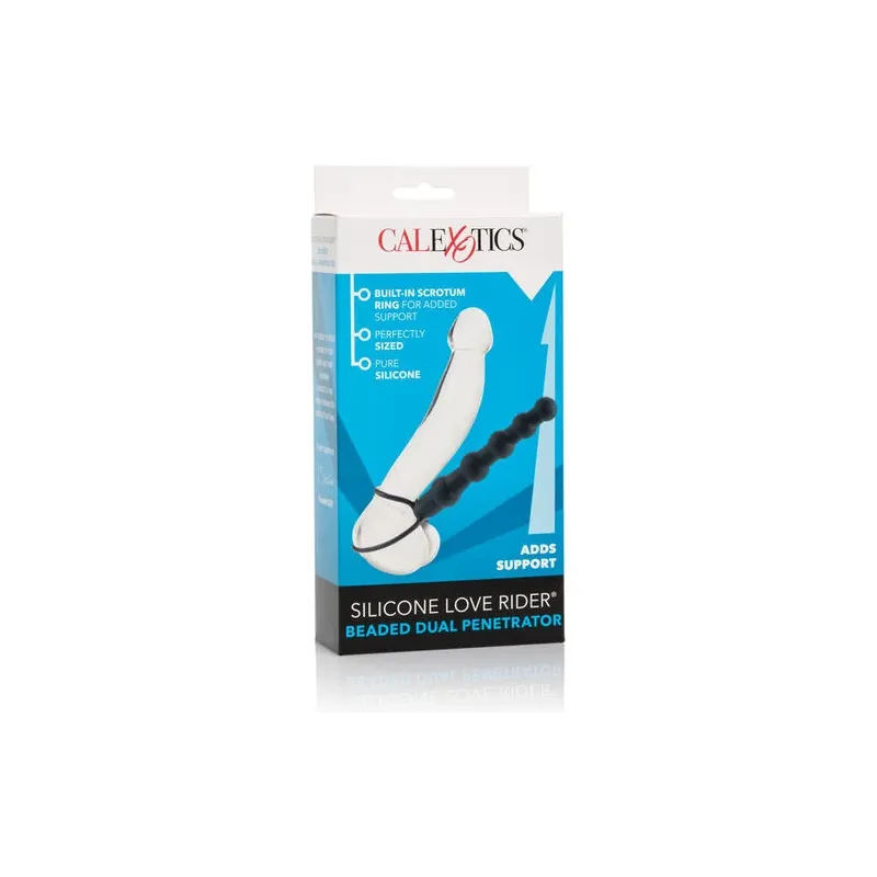 Double pénétrateur perlé noir CalExotics Love Rider en silicone avec perles graduées pour double pénétration