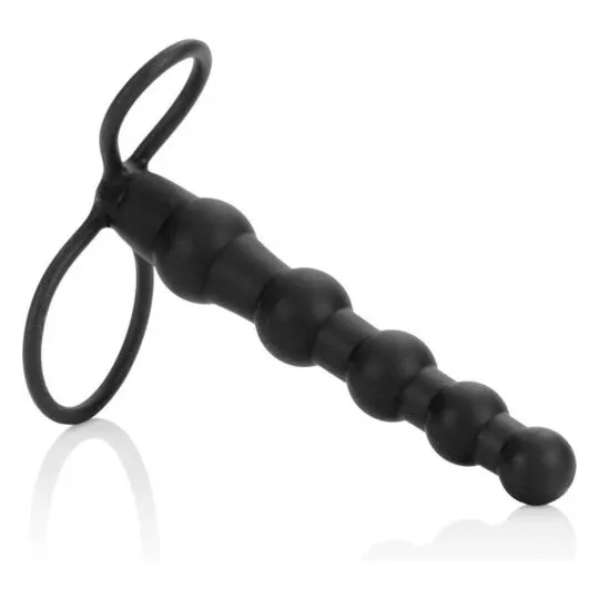 Double pénétrateur perlé noir CalExotics Love Rider en silicone avec perles graduées pour double pénétration