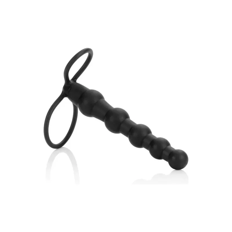 Double pénétrateur perlé noir CalExotics Love Rider en silicone avec perles graduées pour double pénétration