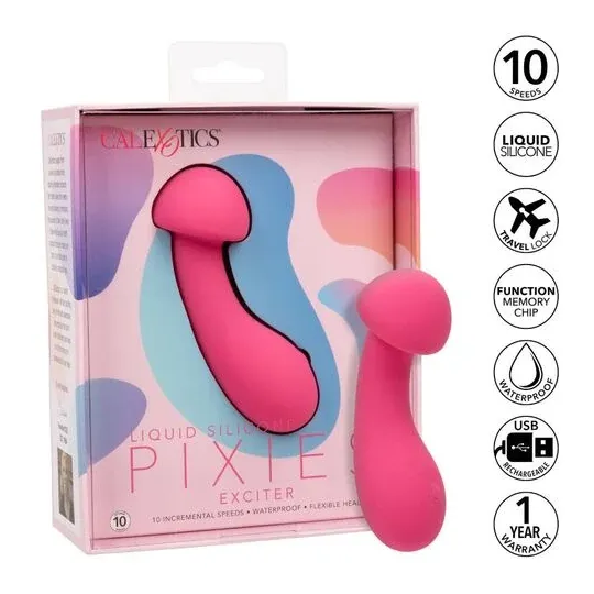 Masseur intime CalExotics Pixies Exciter rose en silicone liquide avec tête flexible et 10 vitesses.