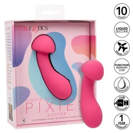 Masseur intime CalExotics Pixies Exciter rose en silicone liquide avec tête flexible et 10 vitesses.