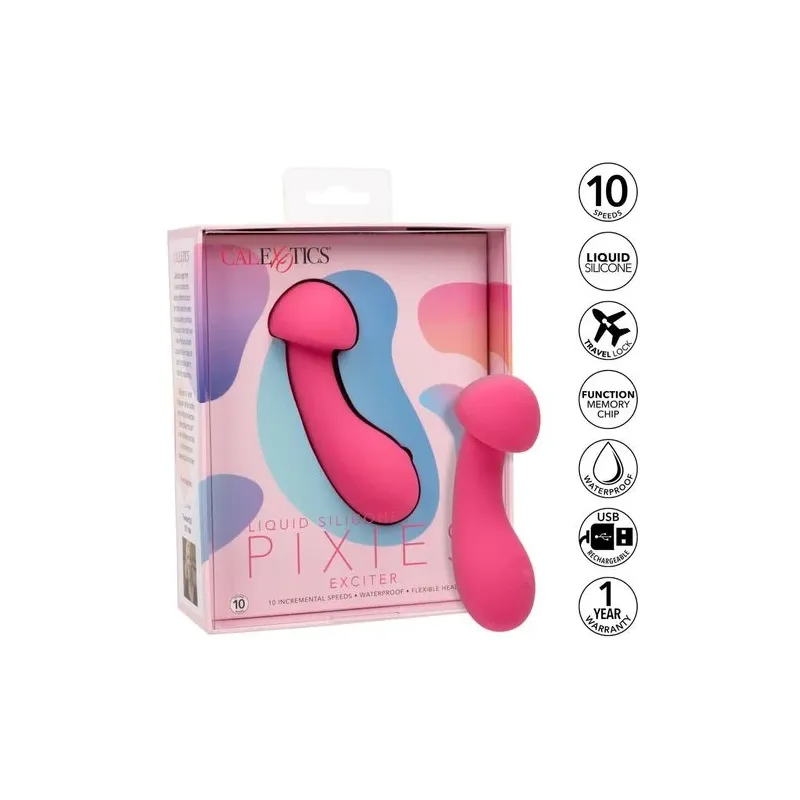 Masseur intime CalExotics Pixies Exciter rose en silicone liquide avec tête flexible et 10 vitesses.