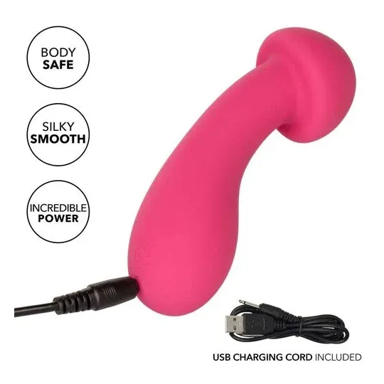 Masseur intime CalExotics Pixies Exciter rose en silicone liquide avec tête flexible et 10 vitesses.