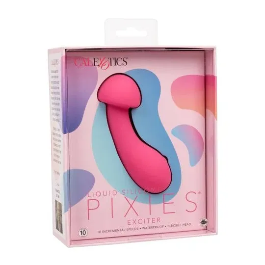 Masseur intime CalExotics Pixies Exciter rose en silicone liquide avec tête flexible et 10 vitesses.
