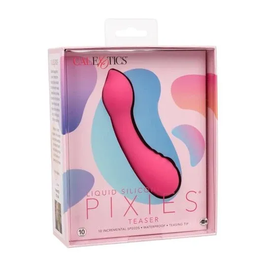 CalExotics Pixies Teaser Rose – masseur vibrant en silicone liquide rose et courbé, rechargeable et étanche