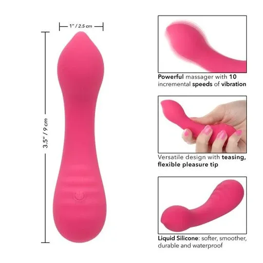 CalExotics Pixies Teaser Rose – masseur vibrant en silicone liquide rose et courbé, rechargeable et étanche