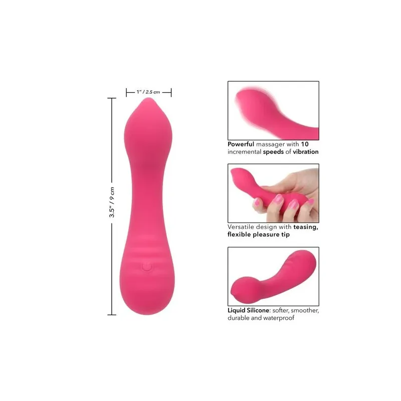 CalExotics Pixies Teaser Rose – masseur vibrant en silicone liquide rose et courbé, rechargeable et étanche