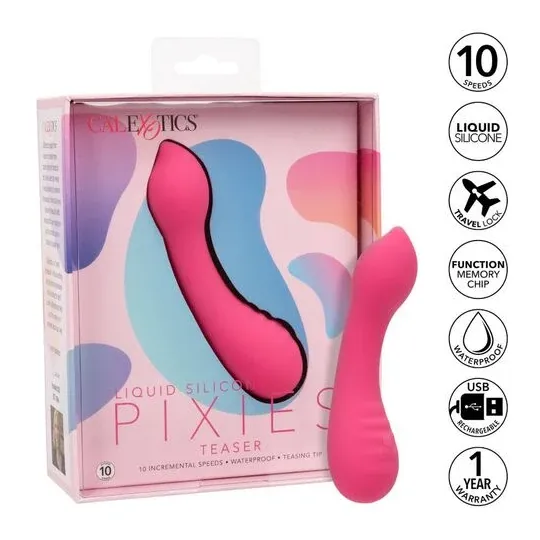 CalExotics Pixies Teaser Rose – masseur vibrant en silicone liquide rose et courbé, rechargeable et étanche