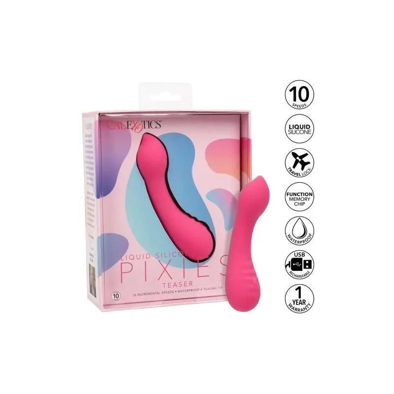 CalExotics Pixies Teaser Rose – masseur vibrant en silicone liquide rose et courbé, rechargeable et étanche