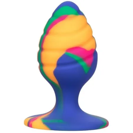 Plug anal Calexotics Cheeky Medium Swirl en silicone avec motif tie-dye, forme conique arrondie, base ventouse pour mains libres