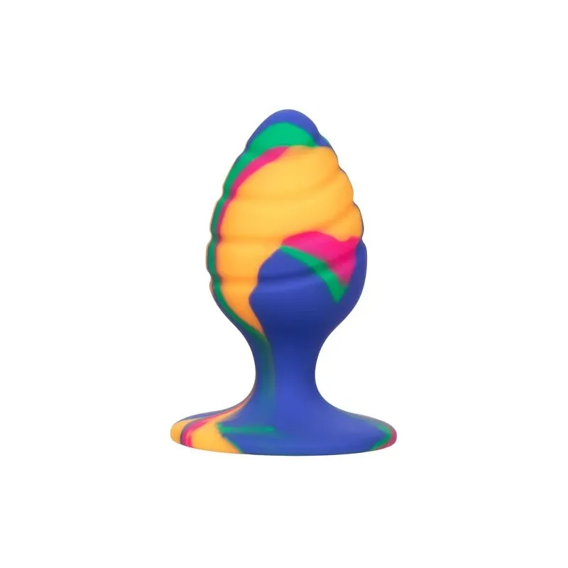 Plug anal Calexotics Cheeky Medium Swirl en silicone avec motif tie-dye, forme conique arrondie, base ventouse pour mains libres