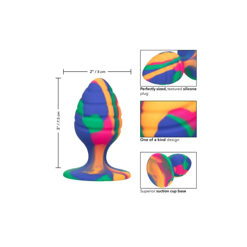 Plug anal Calexotics Cheeky Medium Swirl en silicone avec motif tie-dye, forme conique arrondie, base ventouse pour mains libres
