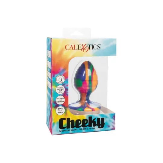 Plug anal Calexotics Cheeky Medium Swirl en silicone avec motif tie-dye, forme conique arrondie, base ventouse pour mains libres