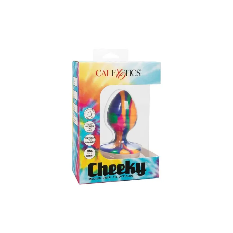 Plug anal Calexotics Cheeky Medium Swirl en silicone avec motif tie-dye, forme conique arrondie, base ventouse pour mains libres