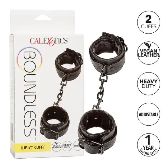 Vue d'ensemble des poignets de contrainte rembourrés CALEXOTICS noirs avec boucles réglables.