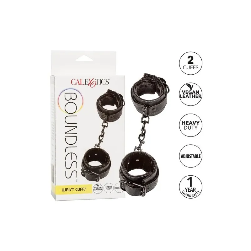 Vue d'ensemble des poignets de contrainte rembourrés CALEXOTICS noirs avec boucles réglables.