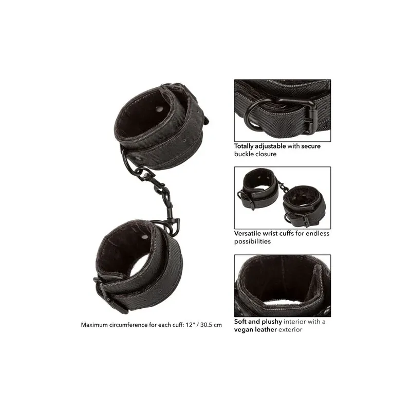 Vue d'ensemble des poignets de contrainte rembourrés CALEXOTICS noirs avec boucles réglables.