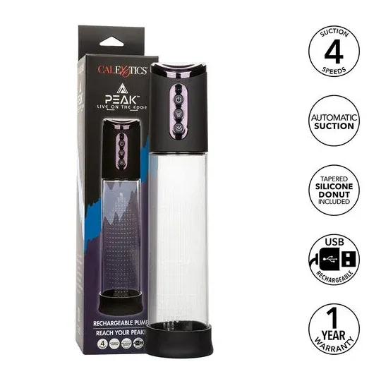 Pompe d'aspiration rechargeable Calexotics Peak noire 4 vitesses cylindre transparent anneau silicone