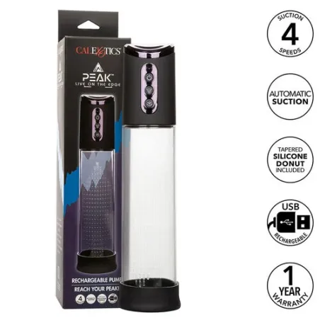 Pompe d'aspiration rechargeable Calexotics Peak noire 4 vitesses cylindre transparent anneau silicone